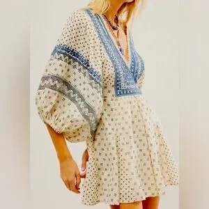 NEW Free People Sweet Southwest Embroidered Tea Combo Beige Mini Dress XS